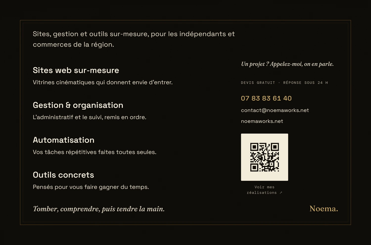 Carte de visite NoemaWorks, verso : services (sites web sur-mesure, gestion, automatisation, outils), contact et QR code.