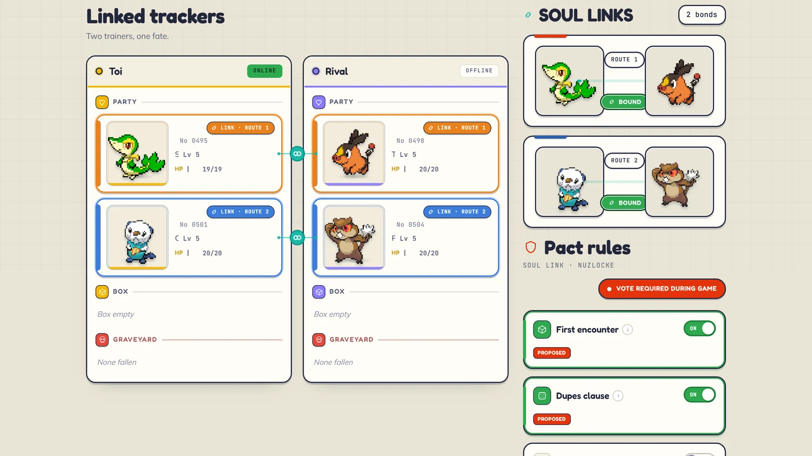 Capture de Soul Link en mode démo : les équipes des deux dresseurs, leurs Pokémon appariés par un maillon, le panneau des liens et les règles du pacte en interrupteurs.