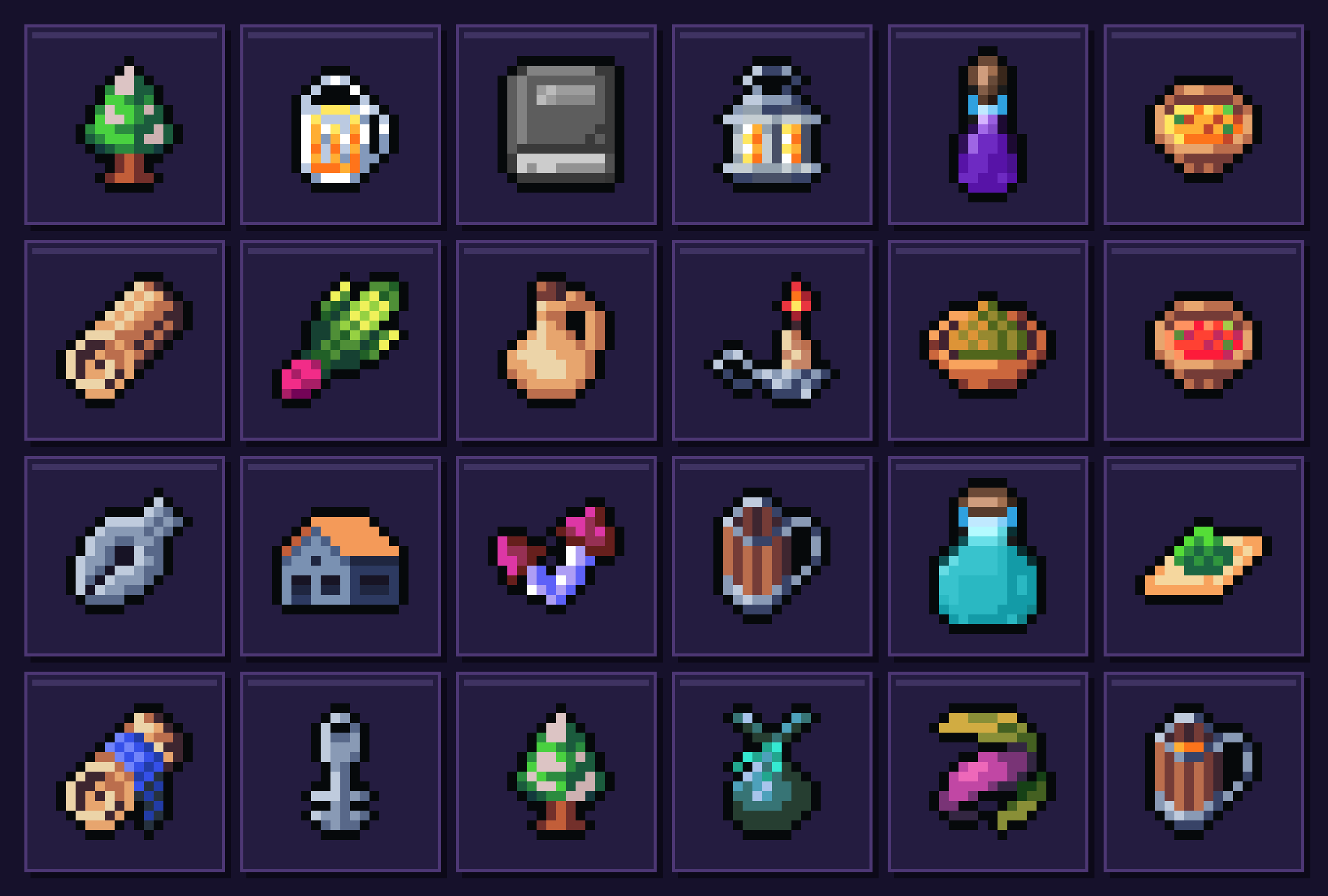 Une planche d'icônes en pixel art du pack : arbres, chopes et pichets, livre, lanterne allumée, potions violettes, bols de nourriture, clé, fleurs et bougie, posées en grille sur des tuiles violettes