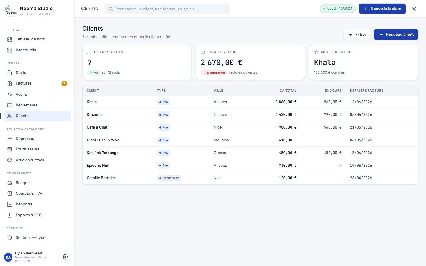 Noema Studio, le fichier clients avec chiffre d'affaires et encours.