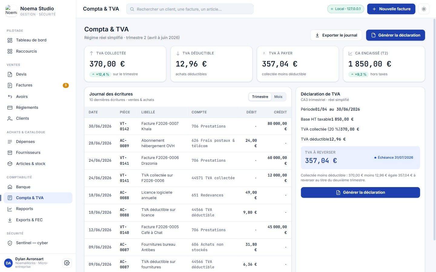 Noema Studio, le module de comptabilité et de TVA, journal des écritures et déclaration.