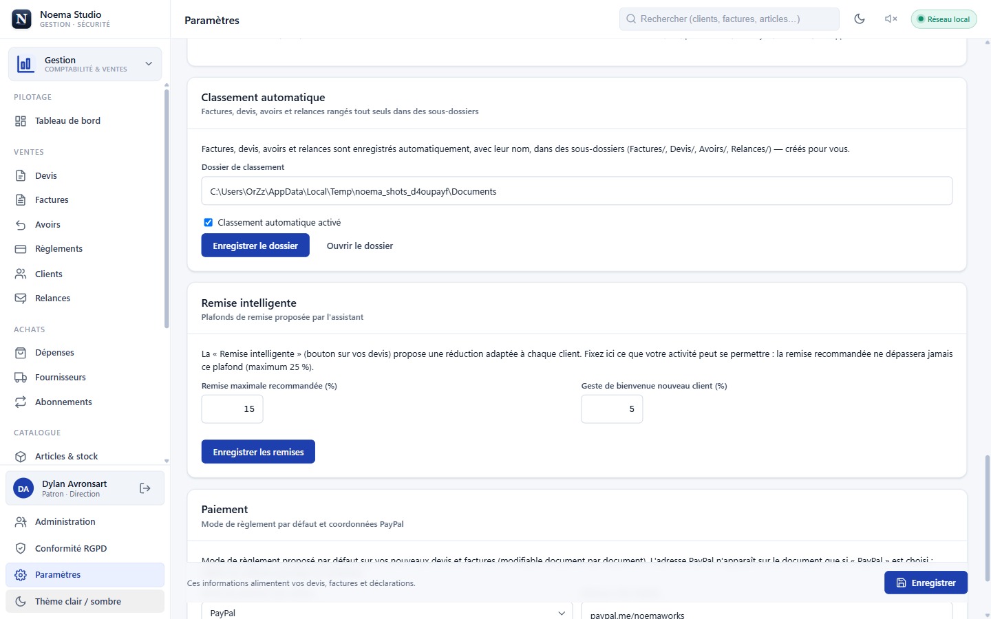 Noema Studio, la création automatique des dossiers et le nommage des documents, avec emplacement et modèle de noms modifiables.
