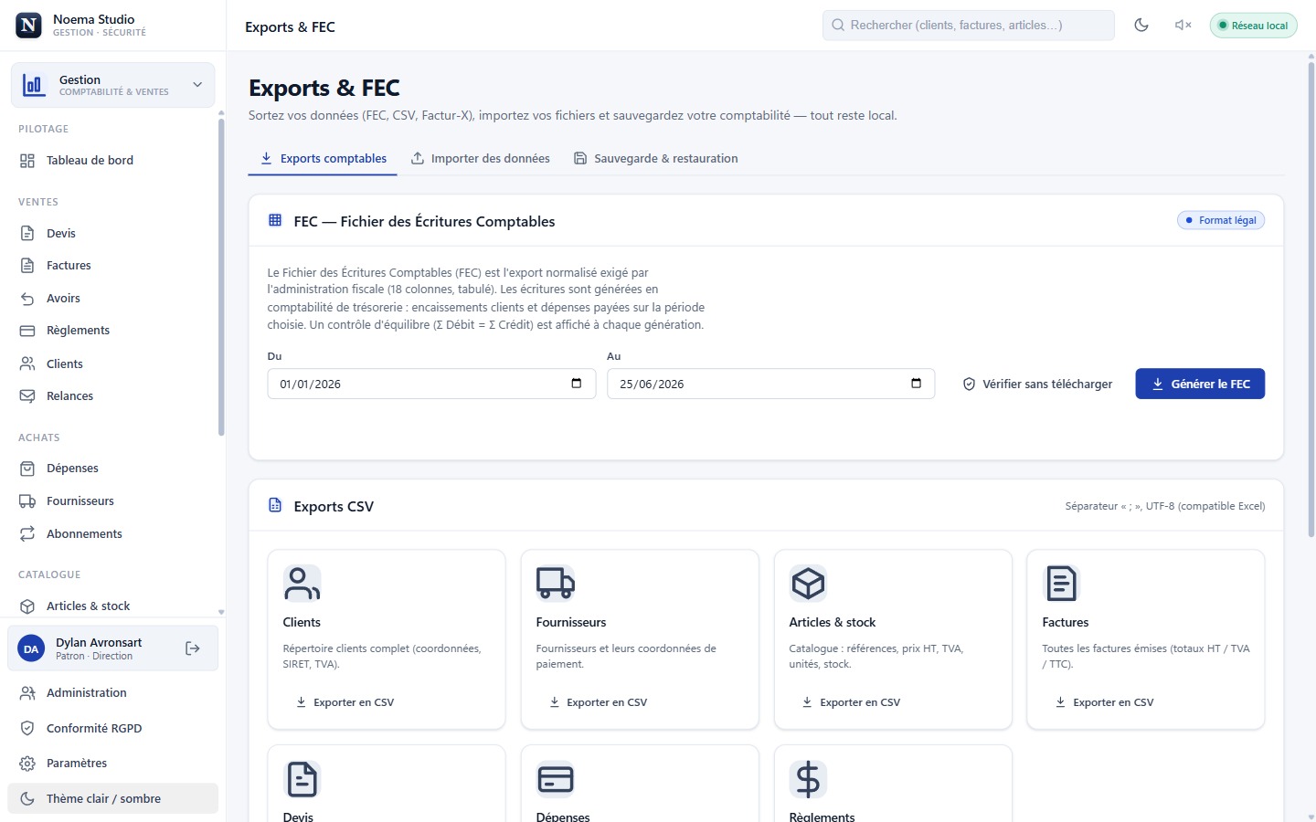 Noema Studio, conformité 2026 (Factur-X, FEC).