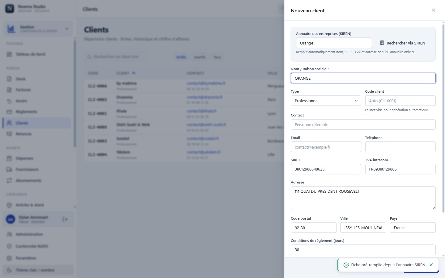 Noema Studio, la fiche client remplie automatiquement depuis un SIRET.