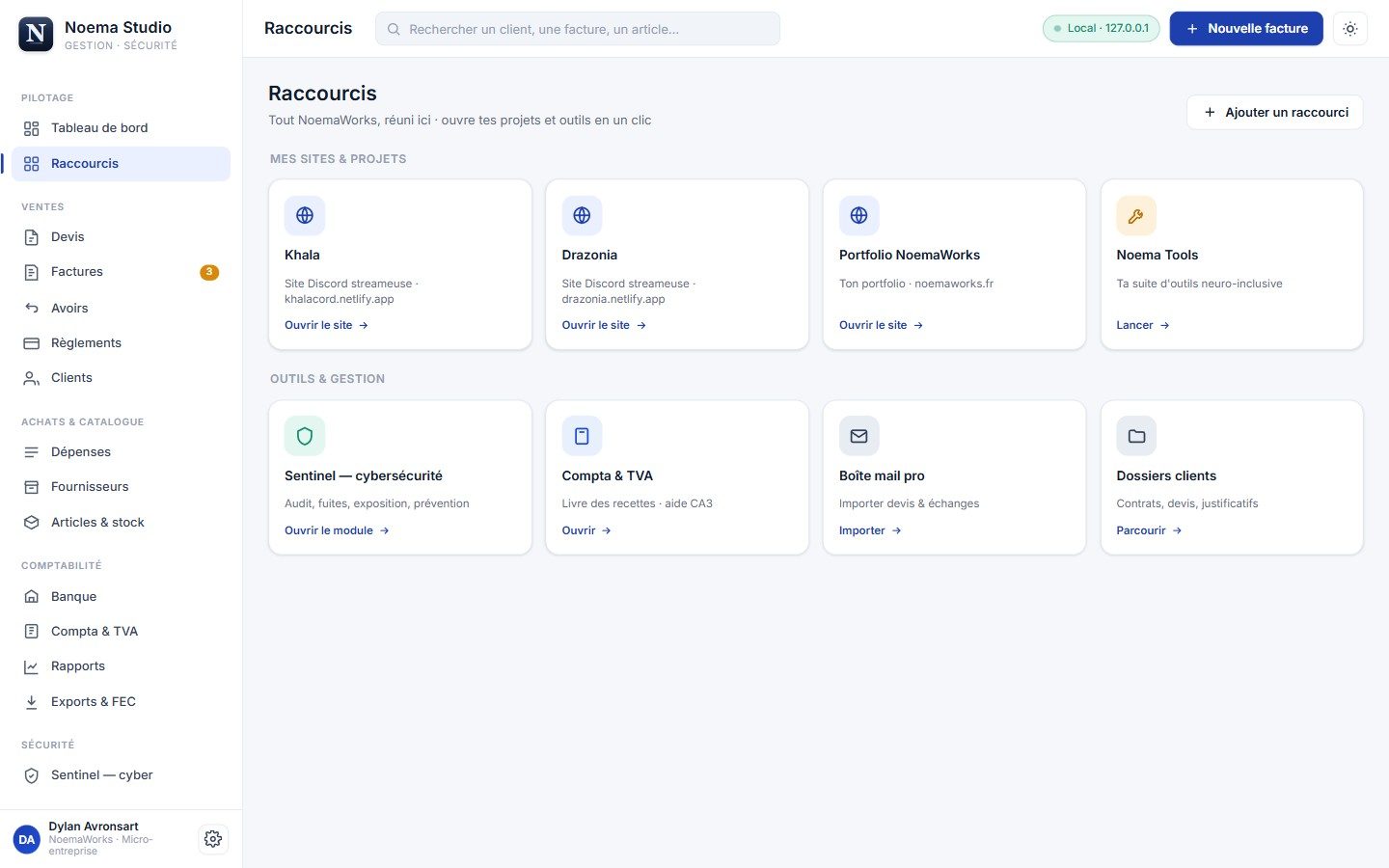 Noema Studio, la page de raccourcis vers les sites et outils.